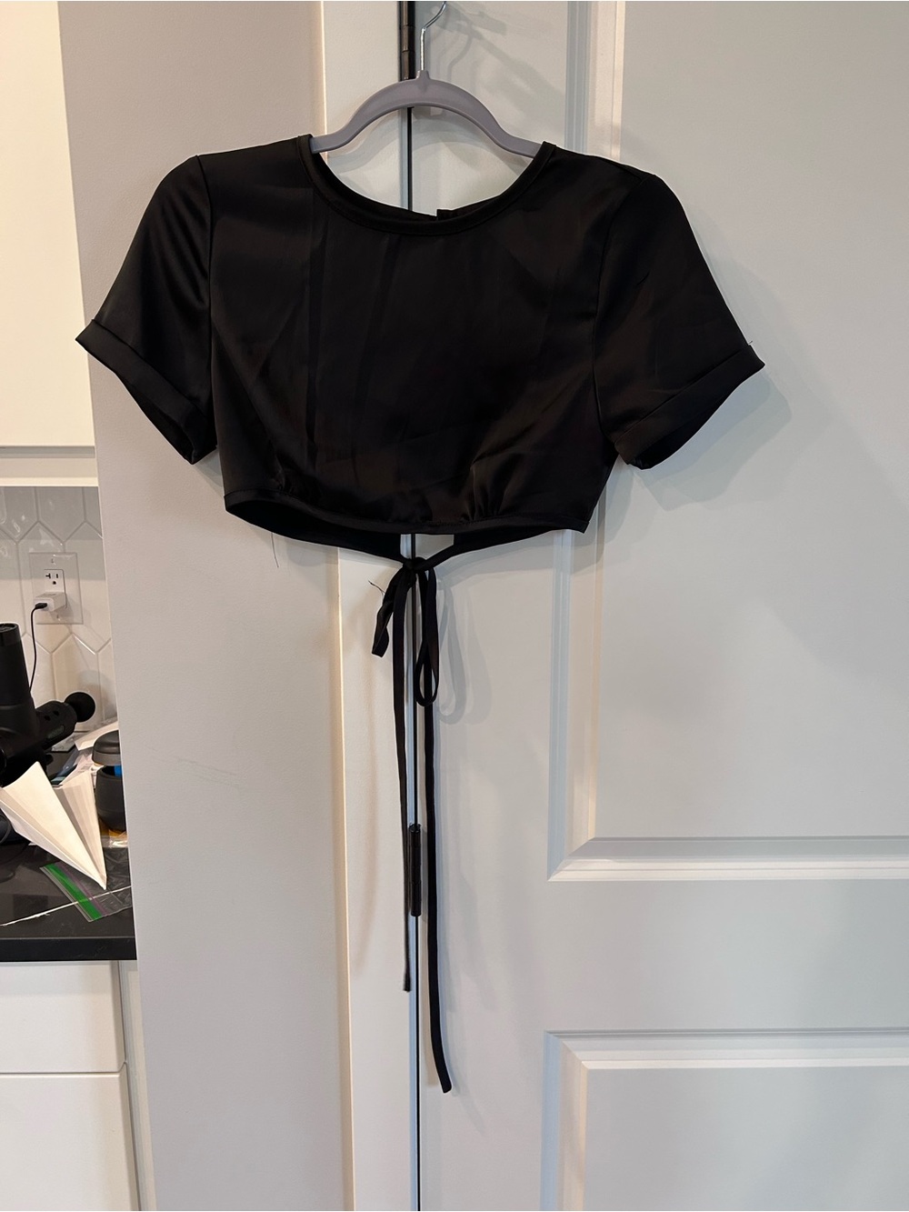Pretty Garbage Black Satin Tie Back Cropped Top Y2K Style Sleek Minimalist Layer